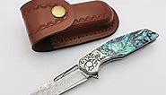 Pocket Knife Damascus Steel Blade, Abalone Shell Handle, Ball Bearing Pivot, Sheath & Pocket Clip for Everyday and Outdoor Camping EDC tool Excellent Gift