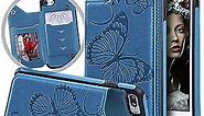 iPhone 8 Wallet Case,iPhone 7 iPhone SE 2020 Case with Card Holder for Girls/Women, Cute Girly Butterfly Slim Thin Leather Folio Flip Magnetic Clasp Full Body Phone Purse with Stand (Blue)