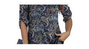 LETDIOSTO Womens Plus Size Shirts 3/4 Roll Sleeve V Neck Floral Flowy Blouses Tunic Tops