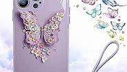 Flat 3D Butterfly Pattern Glass Cover Compatible with iPhone, Floral Butterfly Clear Case, Compatible with iPhone 12 to 14 Pro Max Case with Strap