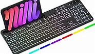 Wireless Keyboard with 7-Color RGB Backlit, Full-Size Computer Keyboard with Phone Tablet Holder, Rechargeable 2.4G Wireless Gaming Keyboard with Light Up Key, Compatible with Mac, Windows