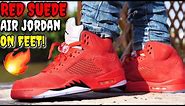 "UNIVERSITY RED" SUEDE AIR JORDAN 5 ON FEET! THE HOTTEST JORDAN FOR THE SUMMER!?