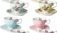 BTaT- Floral Tea Cups and Saucers, Set of 8 (8 oz), Gold Trim and Gift Box, Coffee Cups, Floral Tea Cup Set, British Tea Cups, Porcelain Tea Set, Tea Sets for Women, Latte Cups, Mother's Day Gift