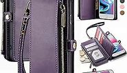 Defencase for iPhone SE/8/7 Case, RFID Blocking for iPhone SE 2020 2022/7/8 Wallet Case with Card Holder, Zipper Strap Magnetic Flip PU Leather Phone Case for iPhone SE 3rd/2nd Generation, Purple