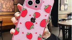 MZELQ Compatible with iPhone 15 Pro Case Strawberry Bling Glitter Cute Pattern, Shockproof Cute Strawberry Crystal Clear Phone Case + 1* Screen Protector, Full Body Protection Cover -Pink