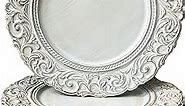 Antique Charger Plates, 13 Inch White Dinner Plate Chargers Round Server Ware. Set of 6 Plastic Embossed Charger for Dinner, Party, Wedding, Elegant Tableware Decoration. (White)