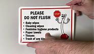 SmartSign 7 x 10 inch “Please Do Not Flush - Wipes, Feminine Hygiene Products, Paper Towels, Tissues, Trash” Bathroom Etiquette Sign with Funny STOP Symbol, 55 mil HDPE Plastic, Red, Black and White
