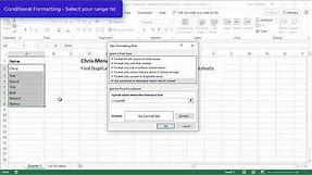 Excel - Conditional Formatting find duplicates on two worksheets by Chris Menard