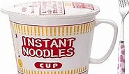 34 OZ Ceramic Ramen Bowl with Lid Instant Ramen Noodle Bowl Large Soup Bowl with Handle, Ramen bowl with Fork, Red