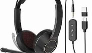 Wired Headset, Dual-Ear (Stereo) Headphones with Noise Canceling Microphone, On Ear Computer Headset with in-line Control, USB/Type-C, PC Headset for Home Office Online Class Skype Zoom