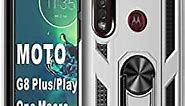 HNHYGETE Moto G8 Plus Case, Moto G8 Play Case,Motorola One Macro Case, Tough Heavy Protective Metal Rotating Ring Kickstand Holder Grip Built-in Magnetic Plate Armor Heavy Duty Shockproof (Silver)