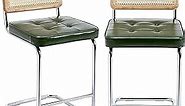 ONEVOG Green Rattan Bar Stool, 24 Inch Counter Height Bar Chairs with Natural Cane Back, Leather Counter Seats, Solid Wood Frame, Chrome Legs, Upholstered Stools Cantilevered Design