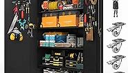 Upgraded Tall & Wide Metal Storage Cabinet with Doors & 4 Adjustable Shelves | Heavy-Duty Black Lockable Garage Cabinet with Wheels & Pegboard for Office, Gym, Basement, Warehouse (Black)