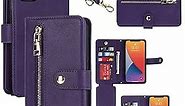 iCoverCase for iPhone 13 Wallet Case with Card Holder, Adjustable Crossbody Lanyard PU Leather Kickstand Card Slots Zipper [Not Detachable] Flip Cover Case 6.1 Inch (Purple)