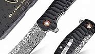 AUBEY EDC Damascus Pocket Knife, 3.34 inch Damascus Steel Hollow Grind Blade, Folding Knife with Ball Bearing, Aluminum Non-Slip Handle, Damascus Knife for Outdoor Camping Hunting (Black)