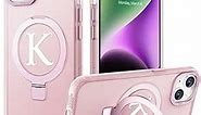 for iPhone 13 Case with Magnetic Invisible Stand Compatible with MagSafe, Initials Translucent Case for iPhone 13 6.1" Gift for Women, Slim Anti-Fingerprint Phone Case, Pink - K