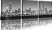 BLINFEIRU Chicago Skyline Canvas Wall Art - Black and White Night Buildings Cityscape Pictures Poster Modern Bedroom Office Wall Decor 3 Pieces City Decoration Artwork Framed Ready to Hang