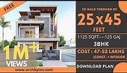25x45 House Design 3D | 1125 Sqft | 125 Gaj | 3 BHK | Modern Design | Terrace Garden | 8x14 Meters