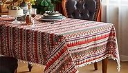 SUTAVIA Pompom Tassel Tablecloth for Bohemian Rectangle Table Covers，Wrinkle Free Linen Bohemian Style Design Table Cloth for for Dining Room, Tabletop Decoration (Red, 60"x120")
