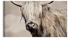 Rustic Cow Canvas Wall Art: Brown Farm Animal Bull Picture Retro Scottish Highland Longhorn Painting Country Farmhouse Cattle Print Large Vintage Western Yak Portrait Photo Artwork for Bedroom