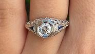 18k White Gold, Diamond & Sapphire Vintage Engagement Ring by Belais