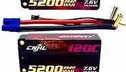 CNHL 2S Shorty Lipo Battery 5200mAh 7.6V High Voltage Lipo Battery 120C Hard Case with 5.0mm Bullet EC3 Plug for Team Associated Enduro 1/10 RC Car RC Airplane Truck 1/8 RB10 RC10（2 Packs）