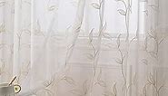 VISIONTEX Sheer Curtains 84 inch Length 2 Panels Set, White Voile Crushed Cream Vine Leaves Embroidery, Rod Pocket Embroidered Window Drapes for Living Room and Bedroom, 54" x 84"