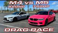 BMW M4 vs M5 1/4 Mile DRAG RACE