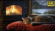 Relax with Purring Cat, Crackling Fireplace and Rain sound 4K 🔥 Sleep in Cozy Ambience