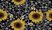 Feelyou Sunflower Fabric by The Yard, Cute Bees Floral Upholstery Fabric, Yellow Flower Daisy Botanical Bee Decorative Fabric for Upholstery and Home DIY Projects, 2 Yards, White Black