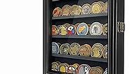 Military Challenge Coin Display Case with HD Glass Door- 5 Rows Medal Display Case Cabinet Rack Shadow Box with Removable 2 Grooves Shelves Poker Chips Coin Holder for Collectors, Black