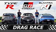 2023 Toyota GR Corolla vs Honda Civic Type R vs Hyundai Elantra N // DRAG RACE + LAP TIMES