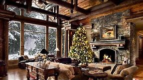 HD Christmas Tree Log Cabin Screensaver Scene - fire crackling sound - Cosy living room Snow falling