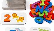 Numbers and Alphabets Flash Cards Set - ABC Wooden Letters and Numbers Animal Pattern Board Matching Puzzle Game Montessori Educational Learning Toys Gift for Preschool Kids Age 3 4 5 Years