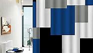 Blue Bathroom Sets with Shower Curtain and Rugs, 4 Piece Geometric Bathroom Shower Curtain Set with Rugs, Incl Shower Curtain with 12 Hooks, Bath Mat, U-Shaped Floor Mat, Toilet Lid Oval Rug