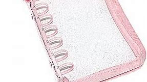 Clear A7 Binder Wallet with Zipper, Pink 6 Ring Glitter Budget Binder Loose Leaf Zip Up Binder Cover for Cash Envelopes System, Photocard Album, Journaling, Planner (Pink Zipper A7 Binder)