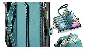 Strapurs Crossbody for iPhone 11 Pro Max Case Wallet【RFID Blocking】 with 10-Card Holder Zipper Bills Slot, Soft PU Leather Magnetic Wrist Shoulder Strap for iPhone 11 Pro Max Wallet Case Women,BGreen