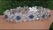 Certified Near Flawless Natural Blue Sapphire Diamond 18k White Gold Tennis Bracelet - C355