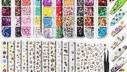 Teenitor 12 Sheets Nail Art Sticker 3D Self-Adhesive, Nail Art Decoration with 5 Boxes Holographic Nail Art Glitter Flakes Butterfly Heart Star Maple Leaf Nail Sequins and Nail Art Flower Slices