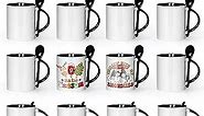 AGH Sublimation Coffee Mugs Blank 11 oz, White Straight Ceramic Cups with Black Interior, Handle, Spoon, Bulk Bundle Set of 12