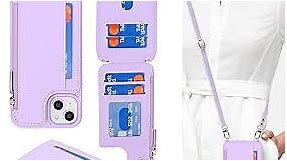 Cavor for iPhone 15 Case with Card Holder,iPhone 15 Wallet Case for Women,Phone Case iPhone 15 Case with Strap,Crossbody Lanyard and Wristlet,Leather Zipper Pocket Case-Purple