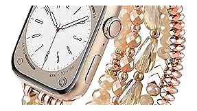 V-MORO Beaded Bracelet Compatible for Apple Watch Band 40mm/38mm/41mm Women, Dressy Fancy Crystal Jewelry Elastic Stretchy Strap for Series 8/7/SE/6/5/4/3/2/1 Rose Gold