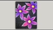 Acrylic Painting Pink and Purple Flowers with a Black Background