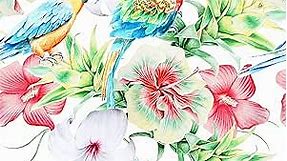 WESTICK Vintage Floral Wallpaper Red Hibiscus Flowers and Bird Wall Paper Stick and Peel Watercolor Flower Contact Paper Stick on Coloful Wallpapers for Accent Wall Bedroom Cabinets 17.5 x 118 in
