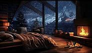 Snow Storm and Breathtaking View from the Bed in a Cozy Cabin, Crackling Fire & Wind Sound - Winter