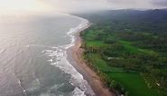 Free stock video - Aerial view of a beach with waves reaching the shore and a large green area with trees