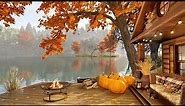 Autumn Cozy Lake House Porch in Rainy Morning with Bonfire, Relaxing Crickets and Fall Ambience