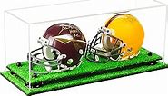 Better Display Cases Acrylic Double Mini - Miniature (not Full Size) Football Helmet or Mini Goalie Mask Display Case with Clear Case, Black Risers and Turf Base (A019-BR)