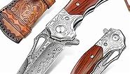 NedFoss Damascus Pocket Knife for Men, 6.5" Handmade Forged VG10 Damascus Steel Folding Knife with Retro Leather Sheath, Sandalwood Handle, EDC Cool Knives for Mens Gift