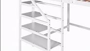 Qualler White Full Size Loft Bed with Built-in Storage Staircase and Hanger BKM000526K